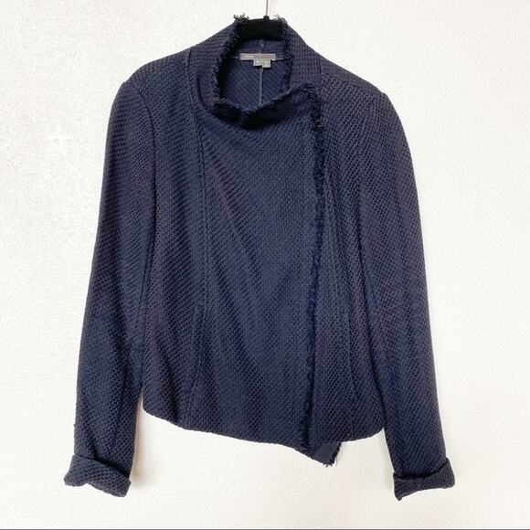 Vince Frayed Edge Scuba Moto Jacket Navy Size Medium - Picture 1 of 16